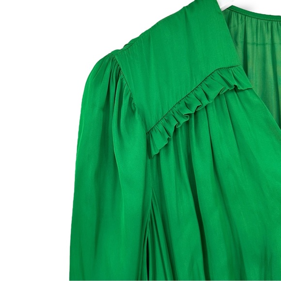 [relisted] Maje Bright Green Pleated Effect Puff Sleeve Flowy Satin Maxi Dress - Picture 8 of 12